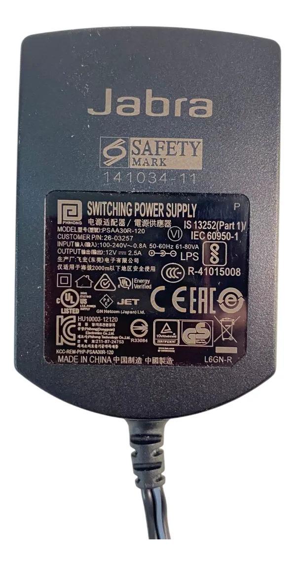 Adaptador de fonte de alimentação JABRA 12V 2.5A 26-03-257 - Imagem 3